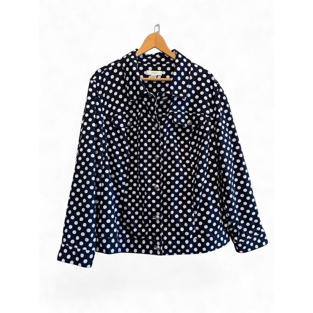 CJ Banks Blue/White Polka Dot Denim Trucker Jacket Plus Size 2X Button Front